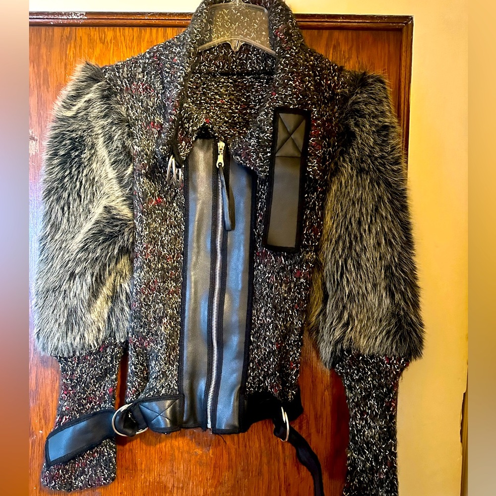 Crochet crop jacket with faux fur sleeves